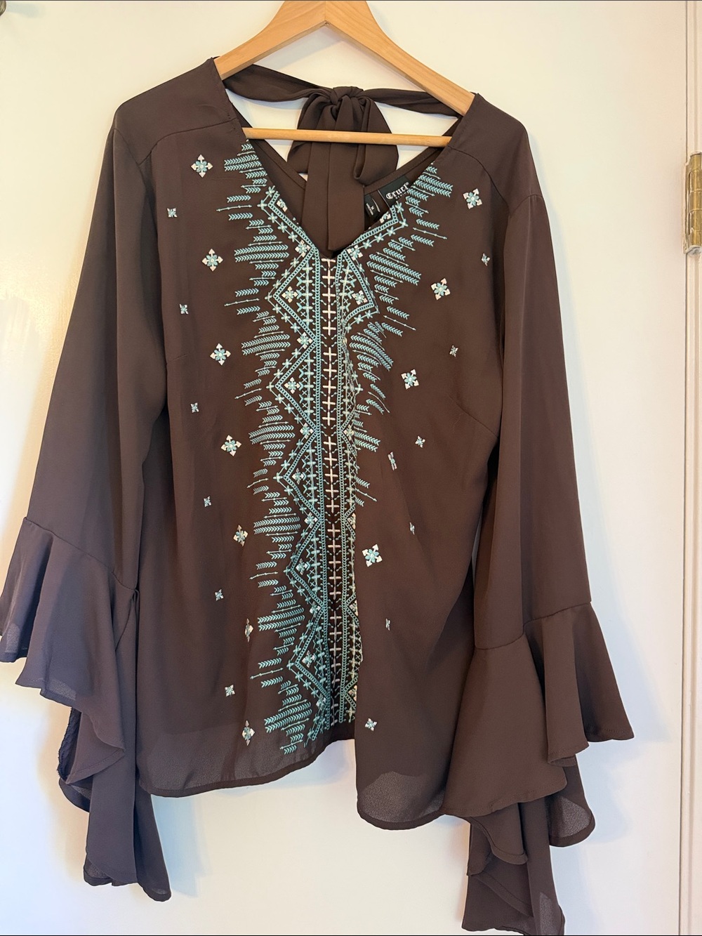 Cruel Denim Boho Embroidered Brown Bell-Sleeve Tunic with Tie Back